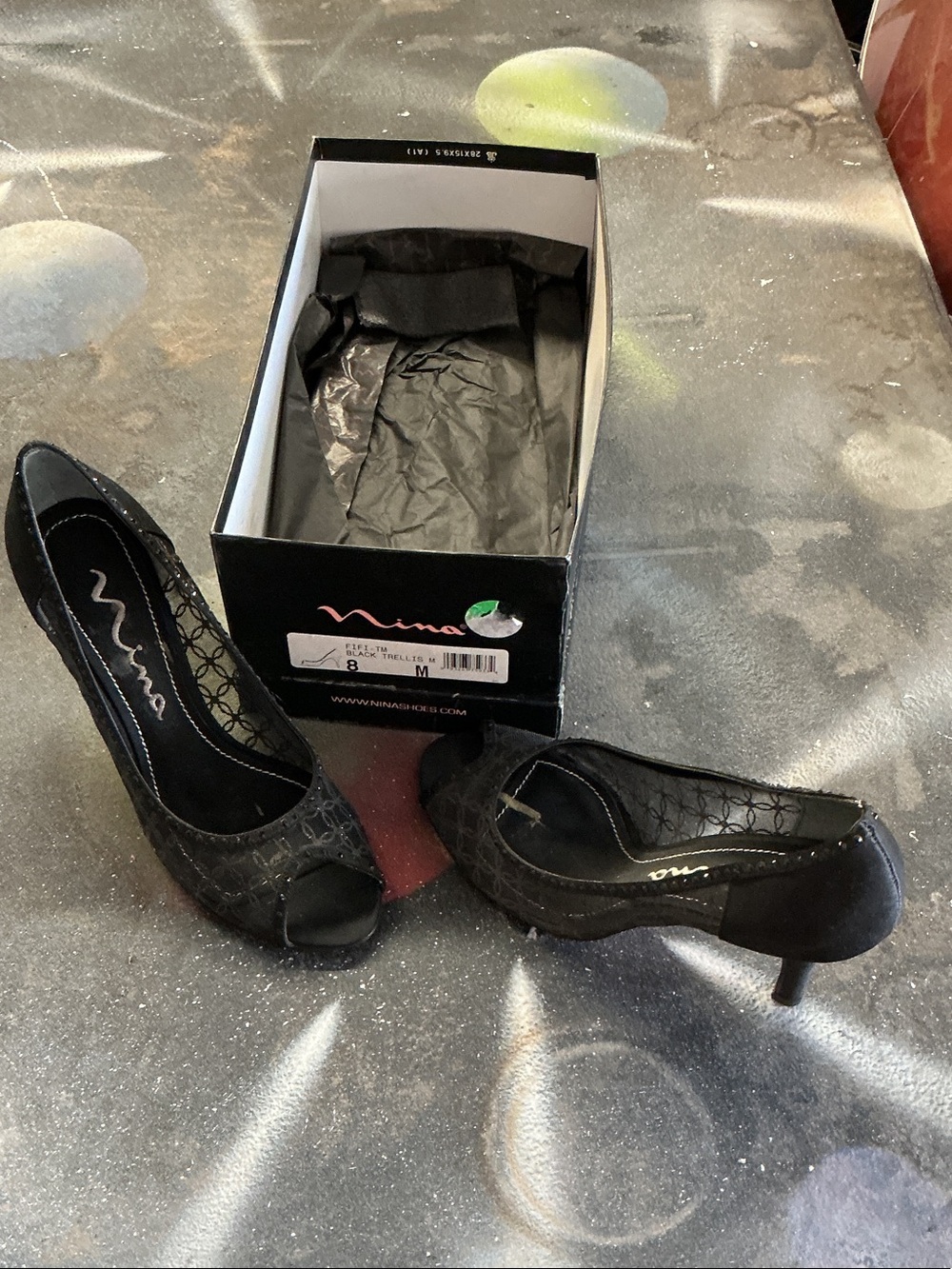 Nina Black Peep-Toe Heels with Subtle Pattern
